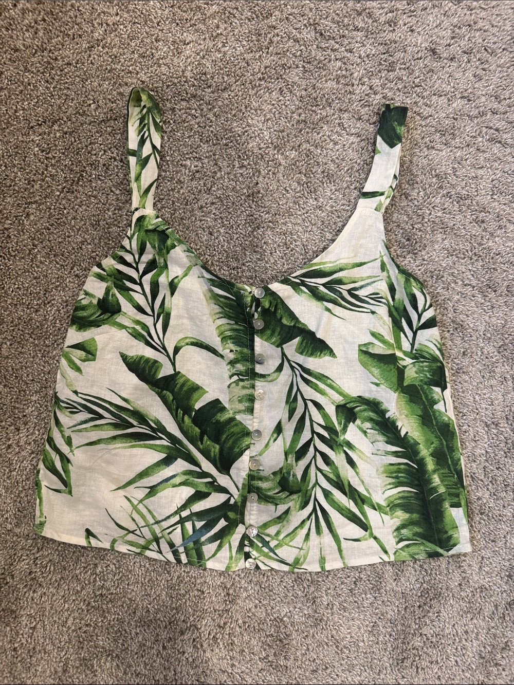 Panama Jack Green Leaf Print Button-Front cropped linen top
